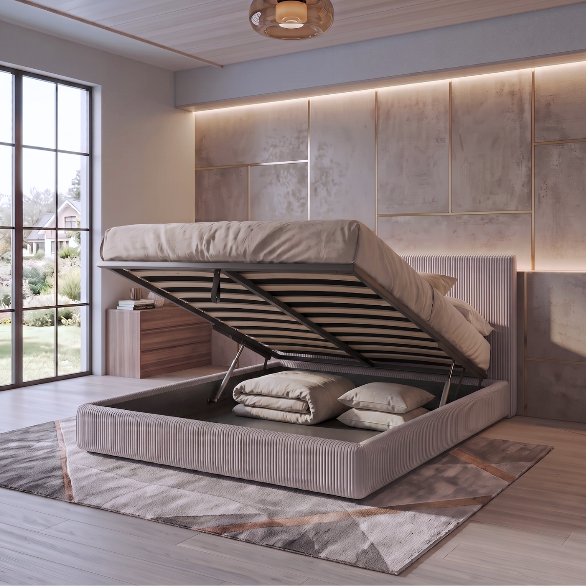 Storage bed with side and front opening headboard in corduroy - Parallèle design collection