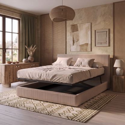 Storage bed with side and front opening headboard in corduroy - Parallèle design collection