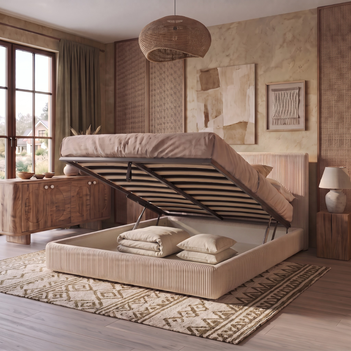 Storage bed with side and front opening headboard in corduroy - Parallèle design collection