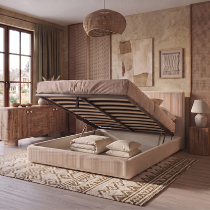 Storage bed with side and front opening headboard in corduroy - Parallèle design collection