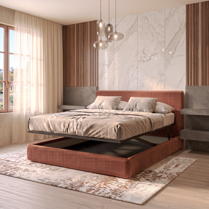 Storage bed with side and front opening headboard in corduroy - Parallèle design collection