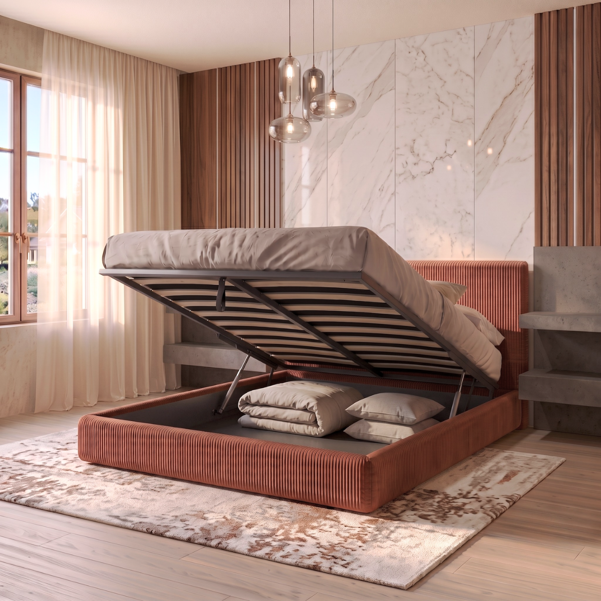 Storage bed with side and front opening headboard in corduroy - Parallèle design collection