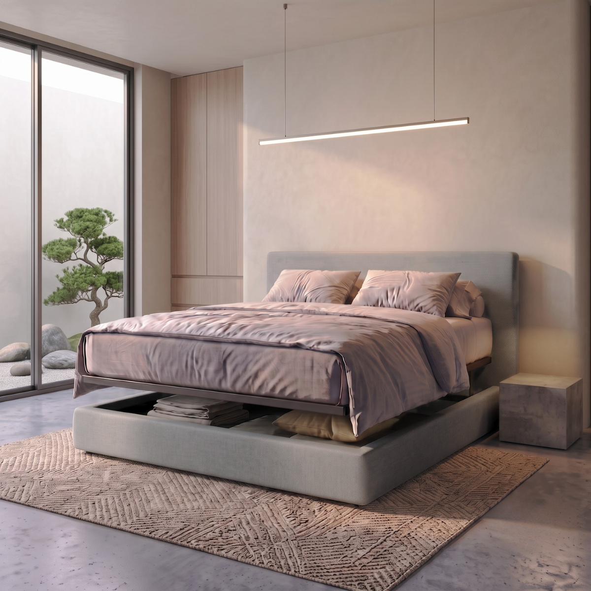 Storage bed with side and front opening headboard, fabric - Parallèle design collection