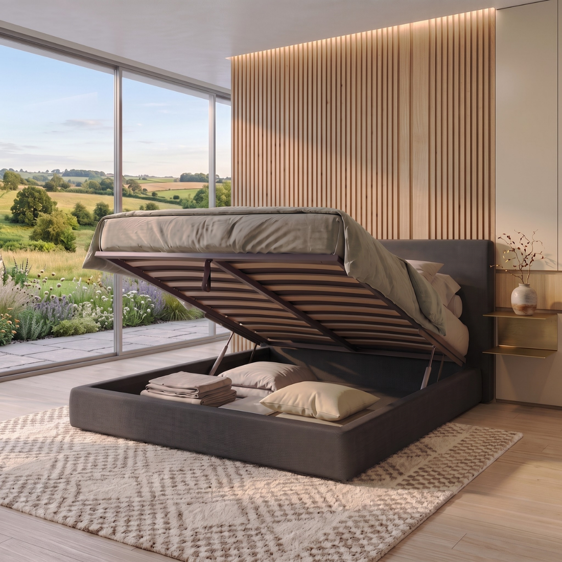 Storage bed with side and front opening headboard, fabric - Parallèle design collection