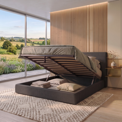 Storage bed with side and front opening headboard, fabric - Parallèle design collection