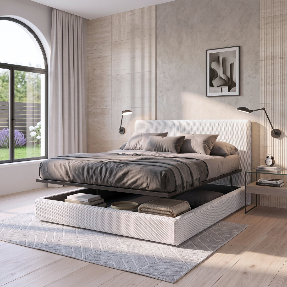 Lit coffre avec tête de lit ouverture latérale et frontale tissu Mesh 3D - Collection Parallèle design