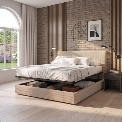 Lit coffre avec tête de lit ouverture latérale et frontale tissu Mesh 3D - Collection Parallèle design