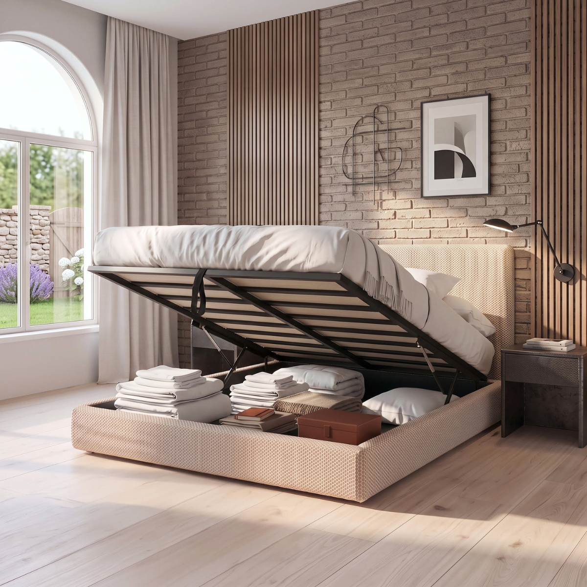 Lit coffre avec tête de lit ouverture latérale et frontale tissu Mesh 3D - Collection Parallèle design