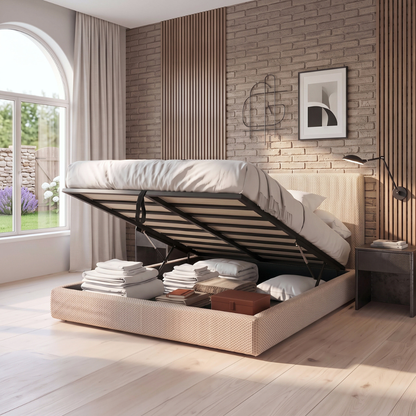 Lit coffre avec tête de lit ouverture latérale et frontale tissu Mesh 3D - Collection Parallèle design