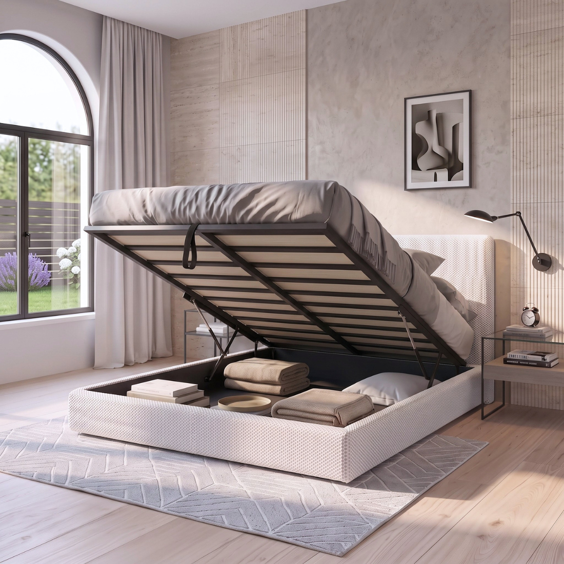 Lit coffre avec tête de lit ouverture latérale et frontale tissu Mesh 3D - Collection Parallèle design