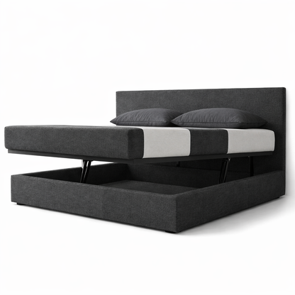 Storage bed with side and front opening headboard in bouclé fabric - Parallèle design collection