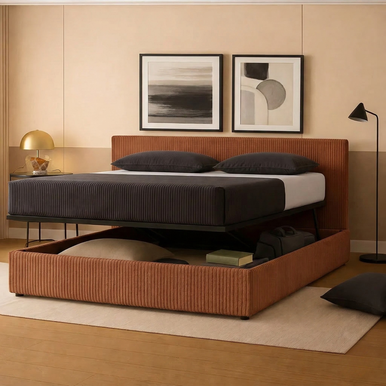 Storage bed with side and front opening headboard in corduroy - Parallèle design collection