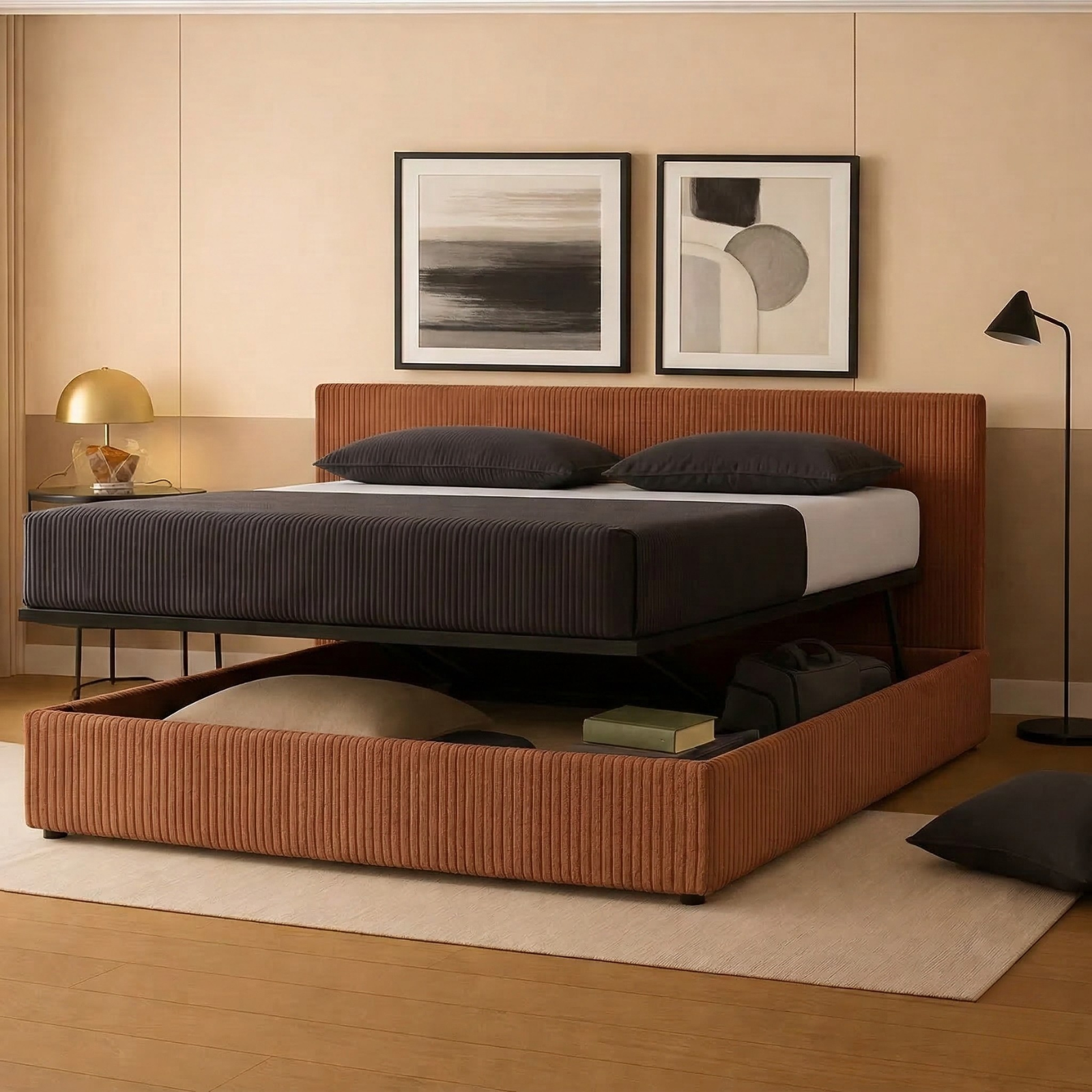 Storage bed with side and front opening headboard in corduroy - Parallèle design collection