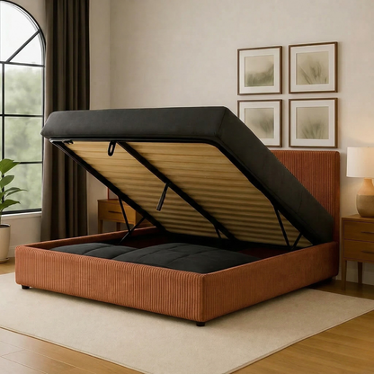 Storage bed with side and front opening headboard in corduroy - Parallèle design collection