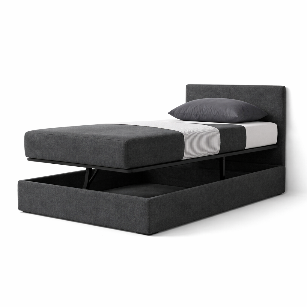 Storage bed with side and front opening headboard in bouclé fabric - Parallèle design collection