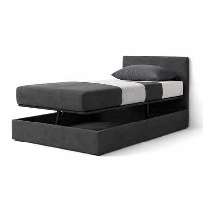 Storage bed with side and front opening headboard in bouclé fabric - Parallèle design collection