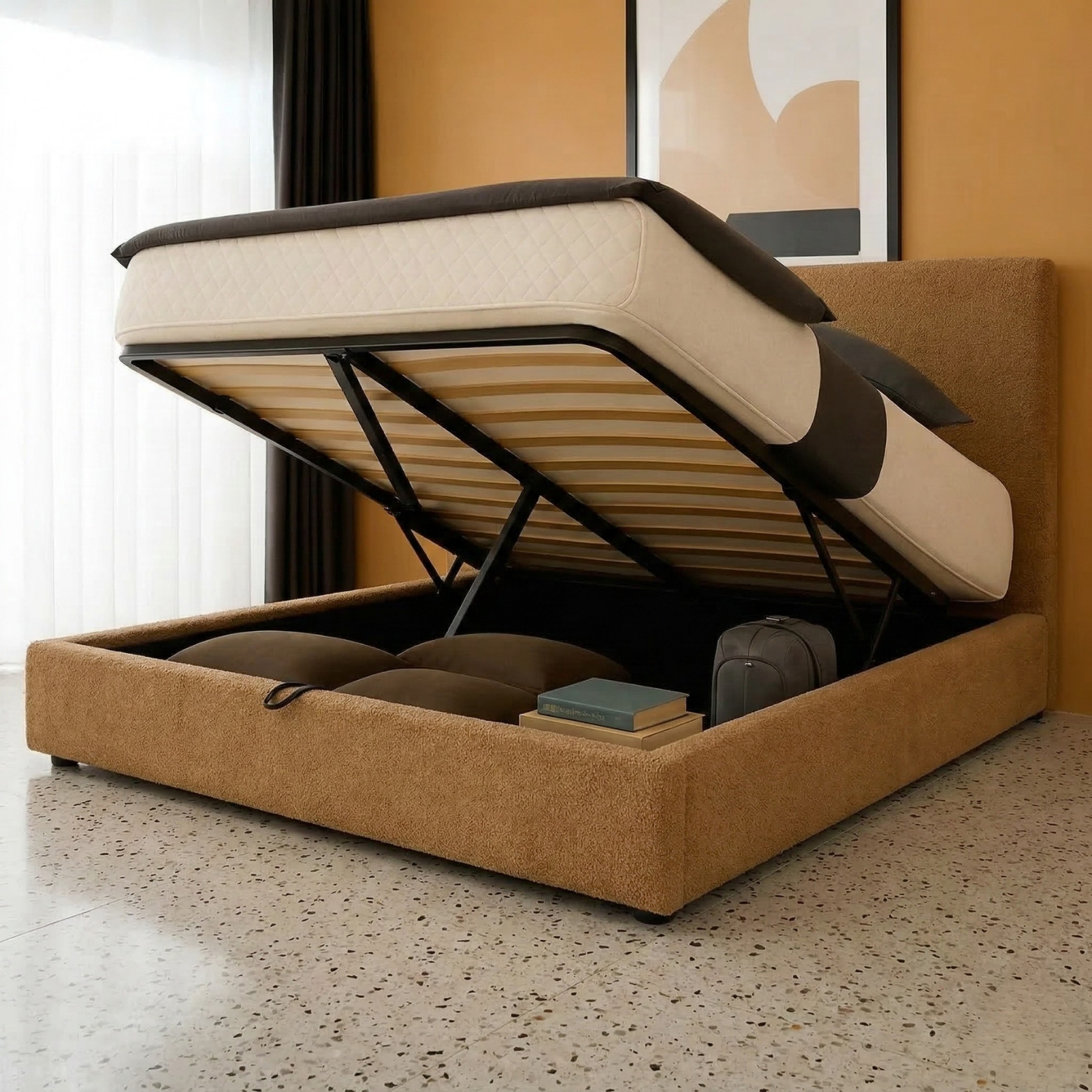 Storage bed with side and front opening headboard in bouclé fabric - Parallèle design collection