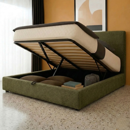 Storage bed with side and front opening headboard in bouclé fabric - Parallèle design collection