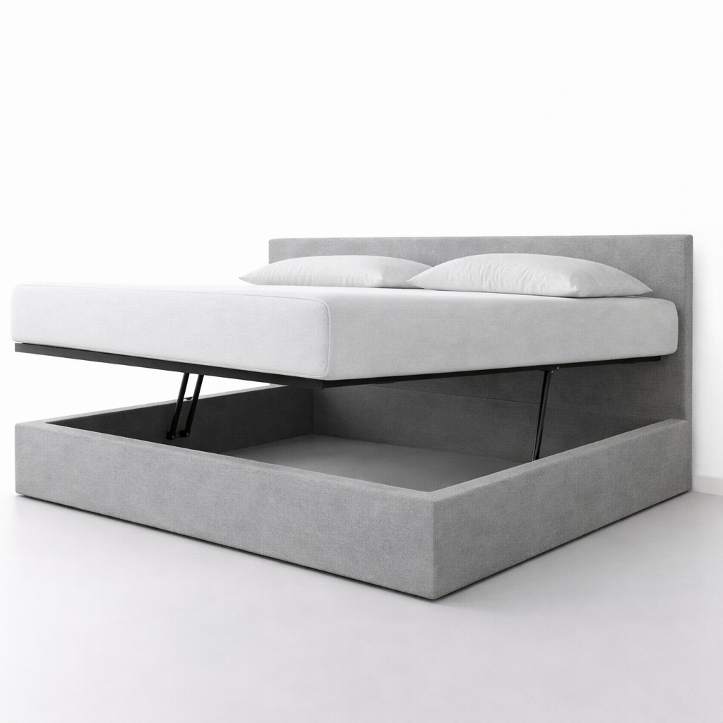 Innovatives Lounge-Stauraumbett in hellgrauem Stoff: Mit der horizontalen Öffnung wird das Bettenmachen zum Kinderspiel!