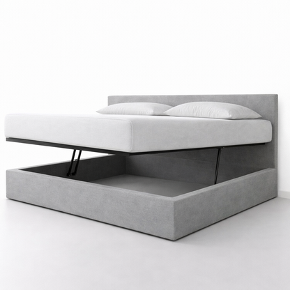 Innovatives Lounge-Stauraumbett in hellgrauem Stoff: Mit der horizontalen Öffnung wird das Bettenmachen zum Kinderspiel!