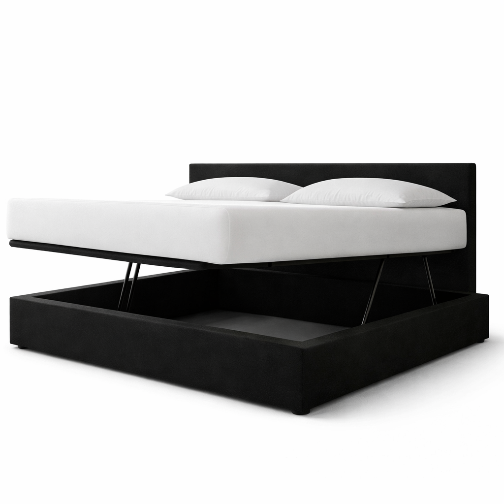 Innovatives Lounge-Stauraumbett in hellgrauem Stoff: Mit der horizontalen Öffnung wird das Bettenmachen zum Kinderspiel!