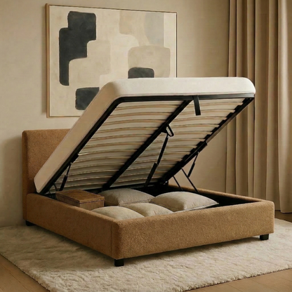 Electric storage bed with headboard, bouclé fabric, and remote control - Futura design collection