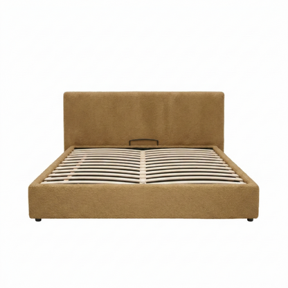 Electric storage bed with headboard, bouclé fabric, and remote control - Futura design collection