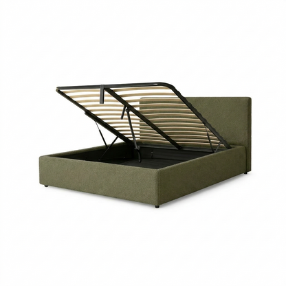 Electric storage bed with headboard, bouclé fabric, and remote control - Futura design collection