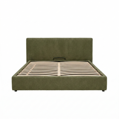 Electric storage bed with headboard, bouclé fabric, and remote control - Futura design collection