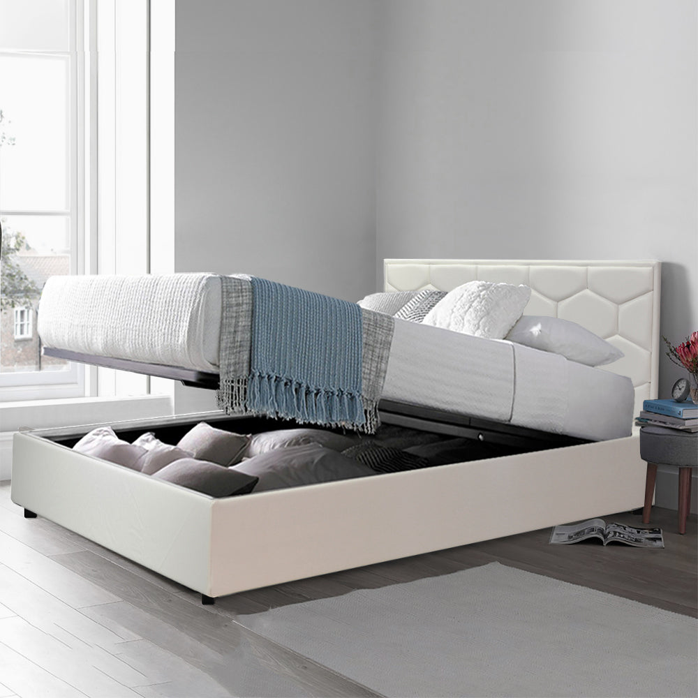 Lit grand coffre avec tête de lit capitonnée en simili cuir - Collection VariLuxe