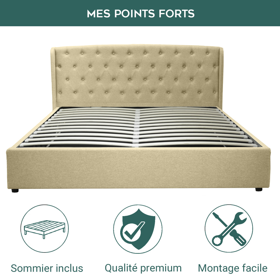 Lit coffre sommier relevable Monceau capitonné chic : tissu ou simili cuir et sommier à lattes en bois flexibles