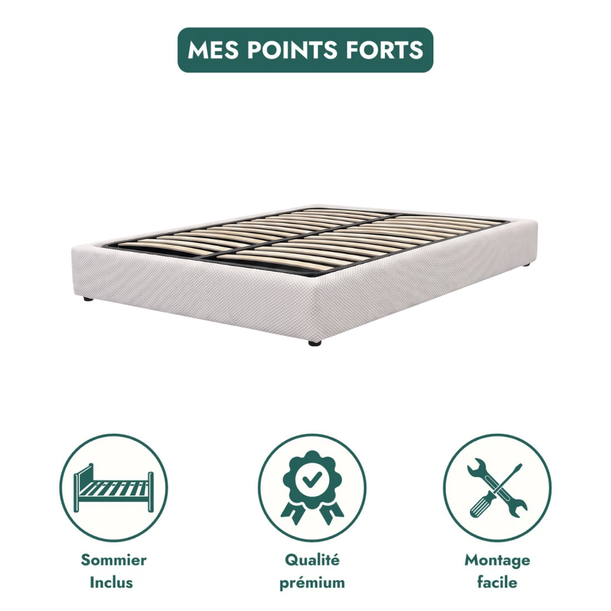 Lit coffre tissu Mesh 3D, lattes flexibles, grand espace de stockage - Collection Vegas