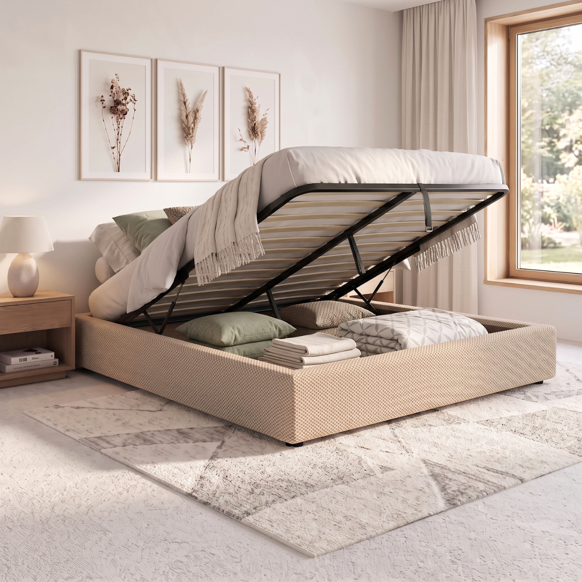 Lit coffre tissu Mesh 3D, lattes flexibles, grand espace de stockage - Collection Vegas