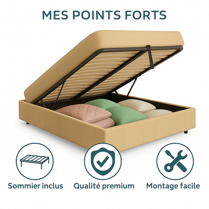 Lit coffre Vegas velours côtelé : sommier à lattes flexibles
