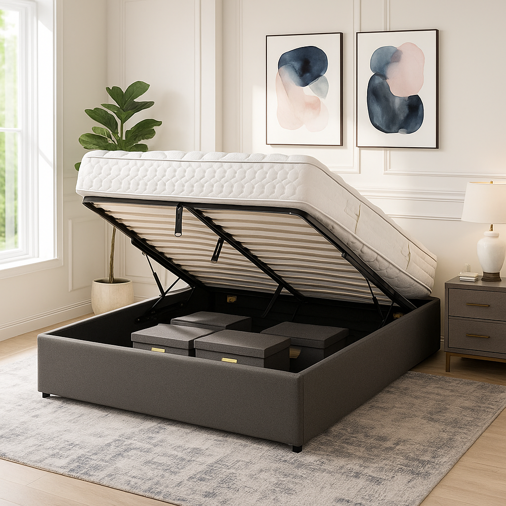 Vegas Bett mit Stauraum: Untergestell aus Kunstleder oder Stoff mit flexiblen Latten