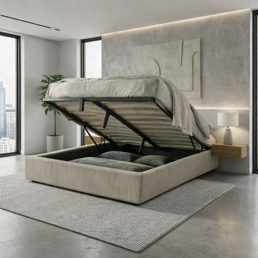 Corduroy storage bed, flexible slats, large storage space - Vegas Collection