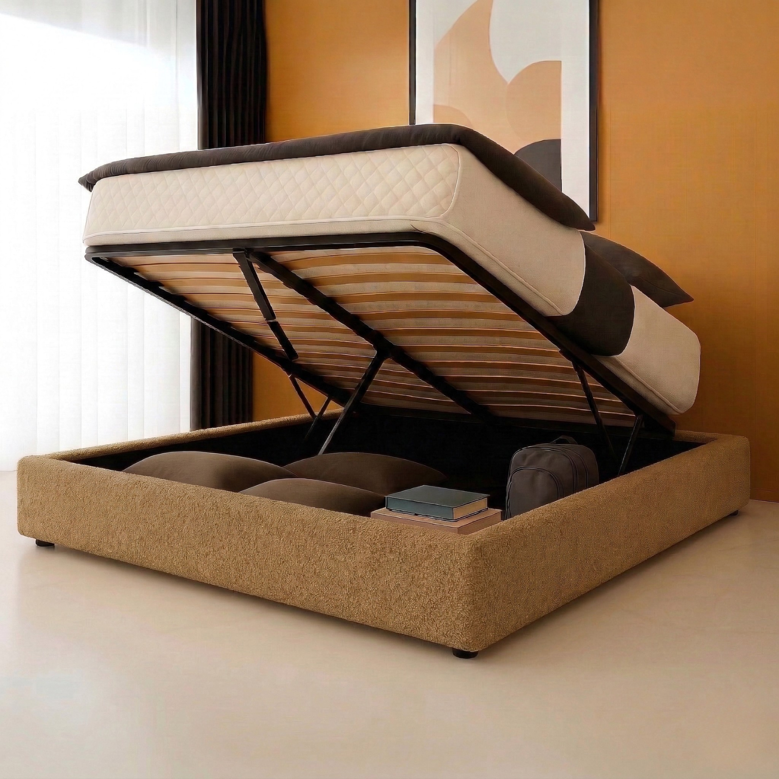 Storage bed with side and front opening in bouclé fabric - Parallel Collection