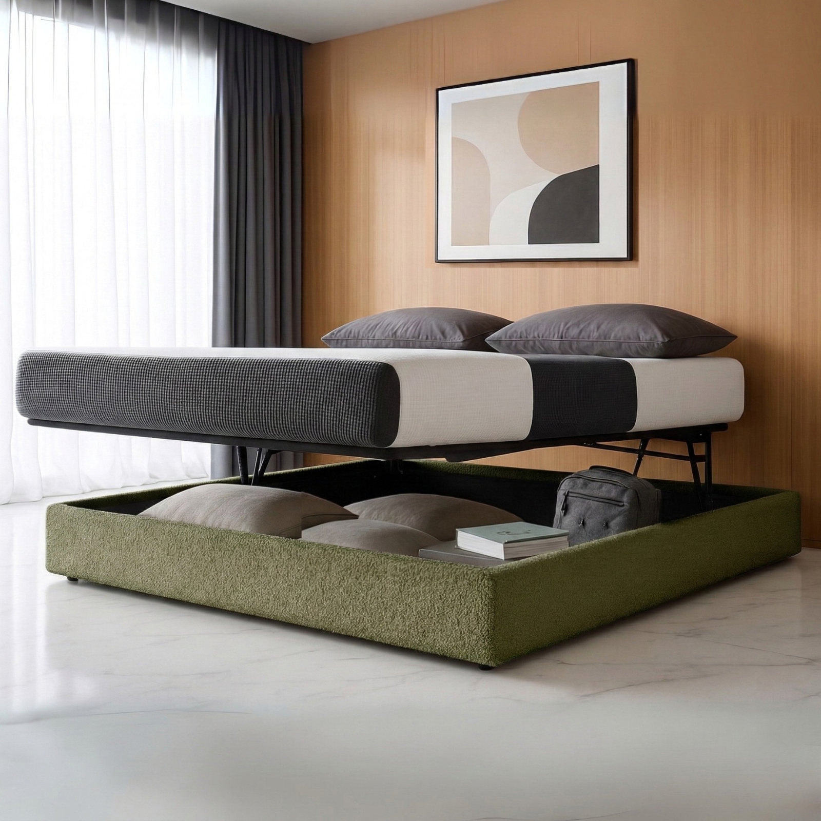 Storage bed with side and front opening in bouclé fabric - Parallel Collection