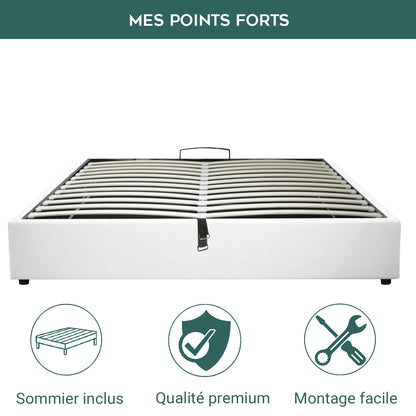 Lit coffre Lounge novateur simili cuir blanc : À ouverture horizontale, faire son lit devient facile !