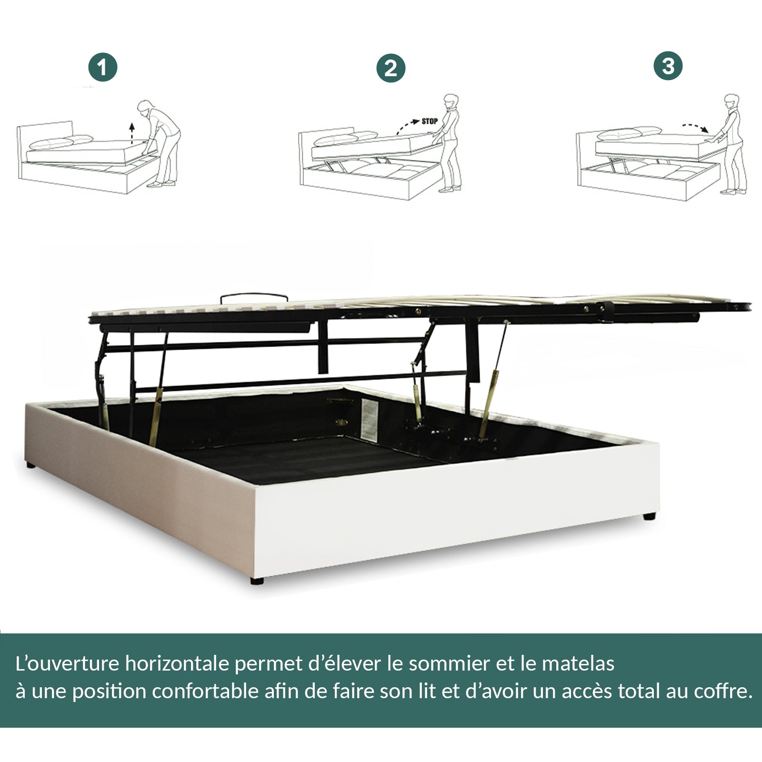 Lit coffre Lounge novateur simili cuir blanc : À ouverture horizontale, faire son lit devient facile !