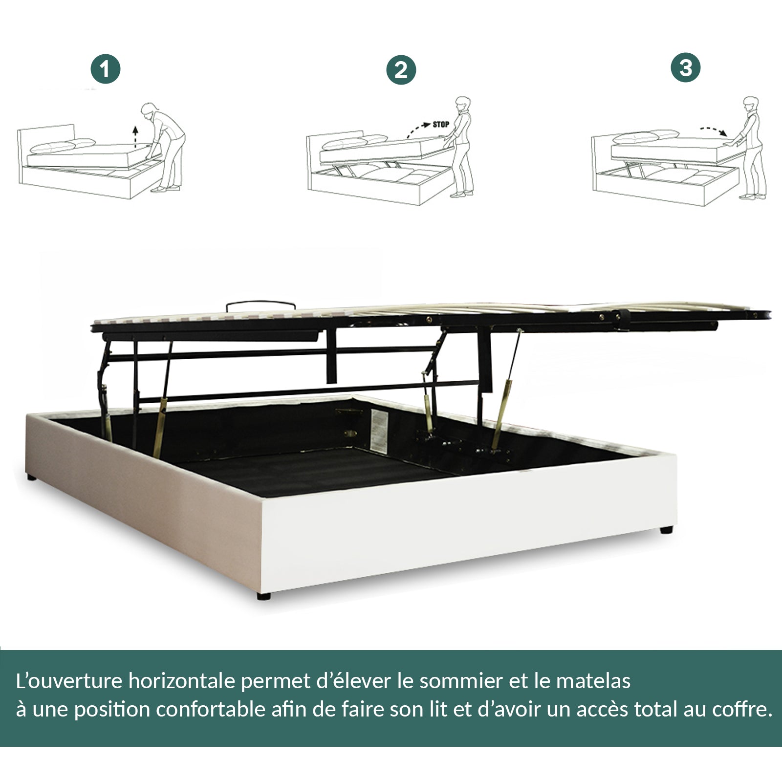 Lit coffre Lounge novateur simili cuir blanc : À ouverture horizontale, faire son lit devient facile !