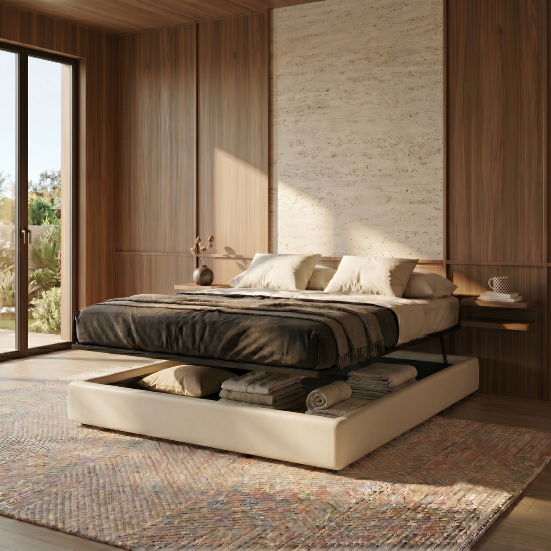 Storage bed with side and front opening, white faux leather - Parallel Collection
