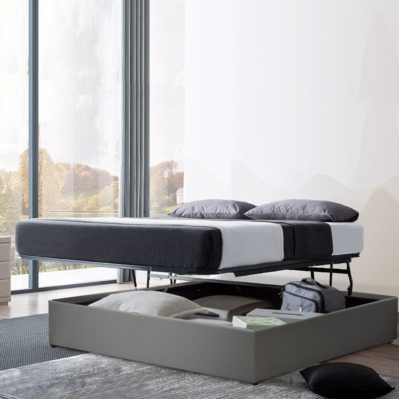 Lit Coffre avec sommier 140 x 200 cm, Lattes en Bois, Grand Espace de Rangement sous Le lit Lit Coffre avec sommier 140 x 200 cm, Lattes en Bois, Grand Espace de Rangement sous Le lit