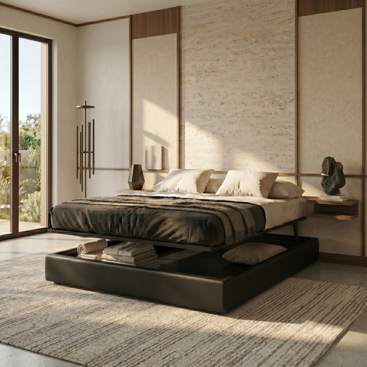 Storage bed with side and front opening, black faux leather - Parallel Collection