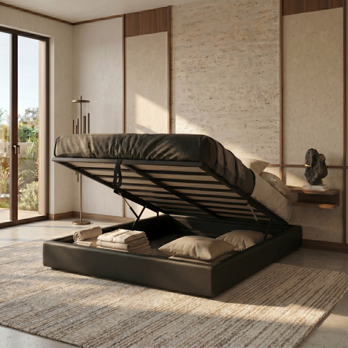 Storage bed with side and front opening, black faux leather - Parallel Collection