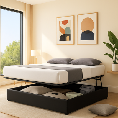 Storage bed with side and front opening, black faux leather - Parallel Collection