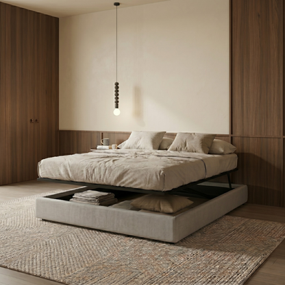 Storage bed with side and front opening, grey fabric - Parallel Collection