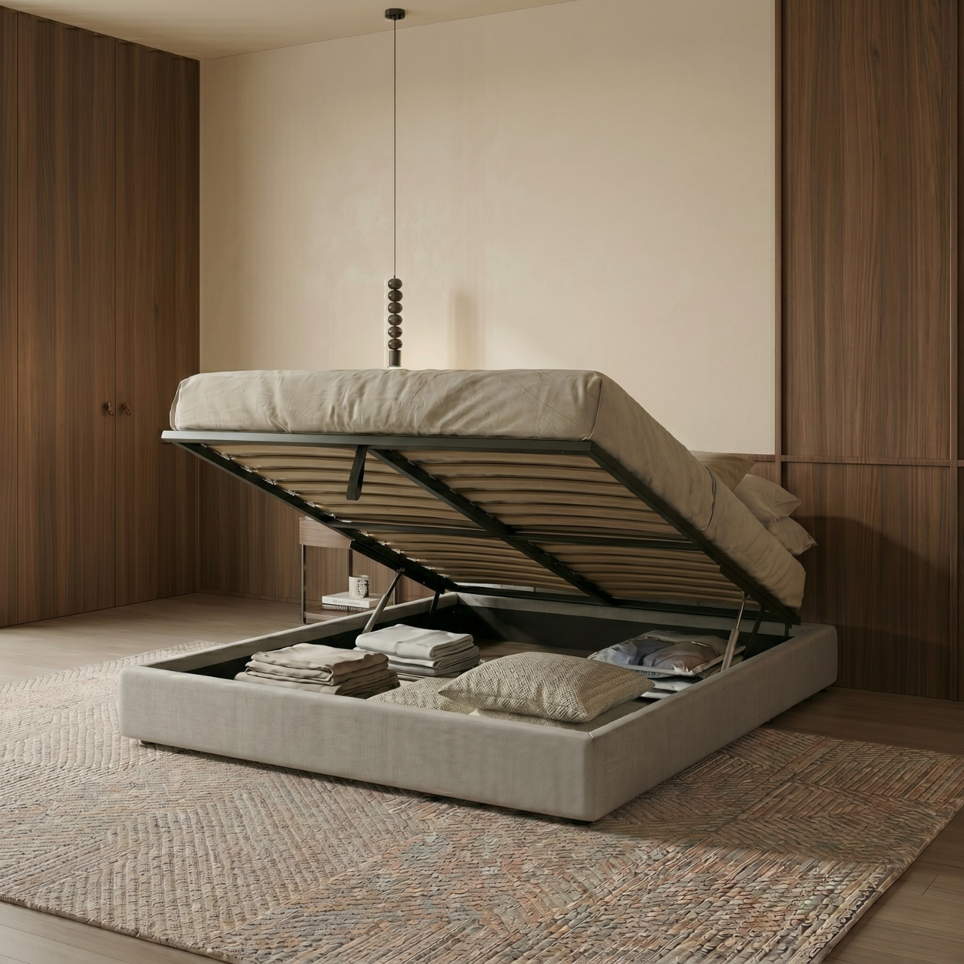 Storage bed with side and front opening, grey fabric - Parallel Collection