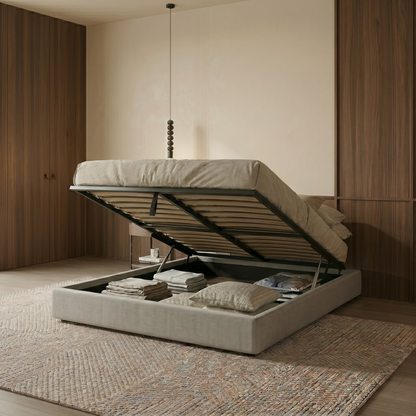 Storage bed with side and front opening, grey fabric - Parallel Collection