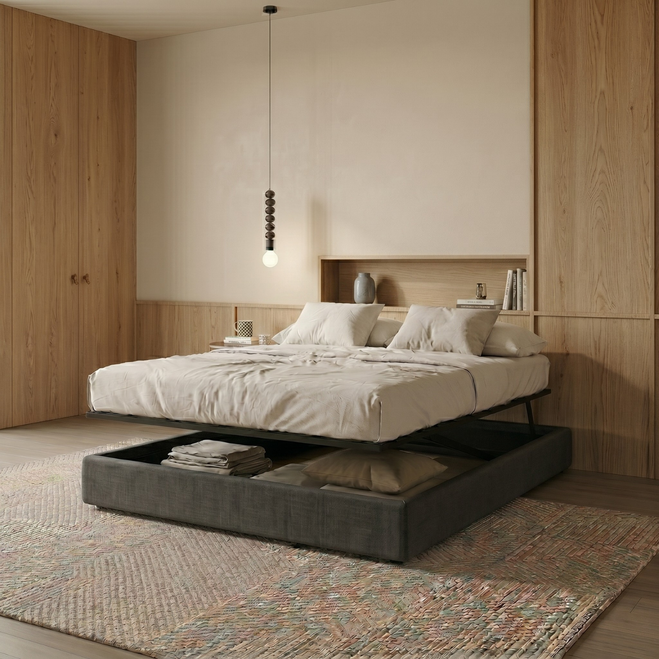 Storage bed with side and front opening, grey fabric - Parallel Collection